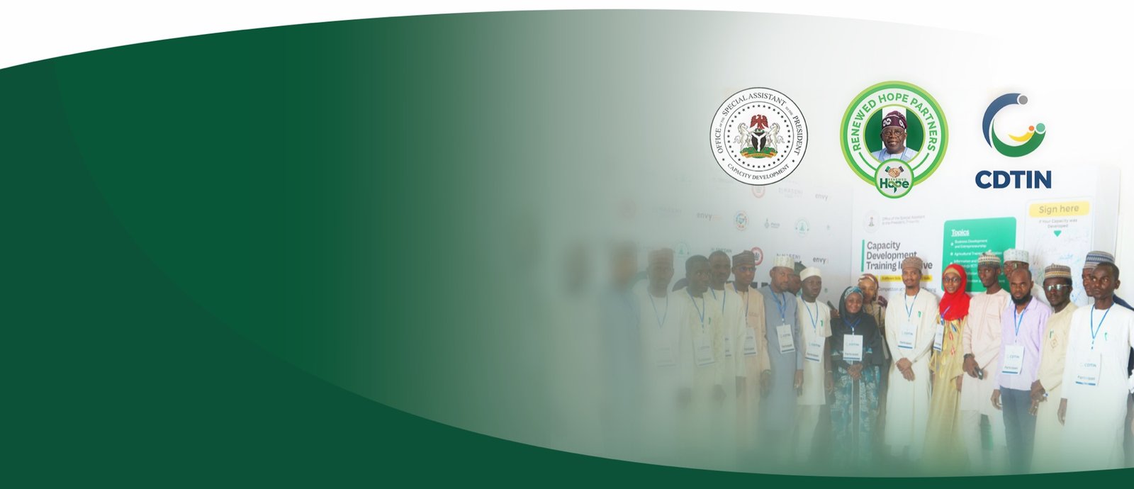 The seal of the Office of the Special Assistant to the President on Capacity Development, the Renewed Hope Partners emblem and the CDTIN mark, above participants at a 2025 training session