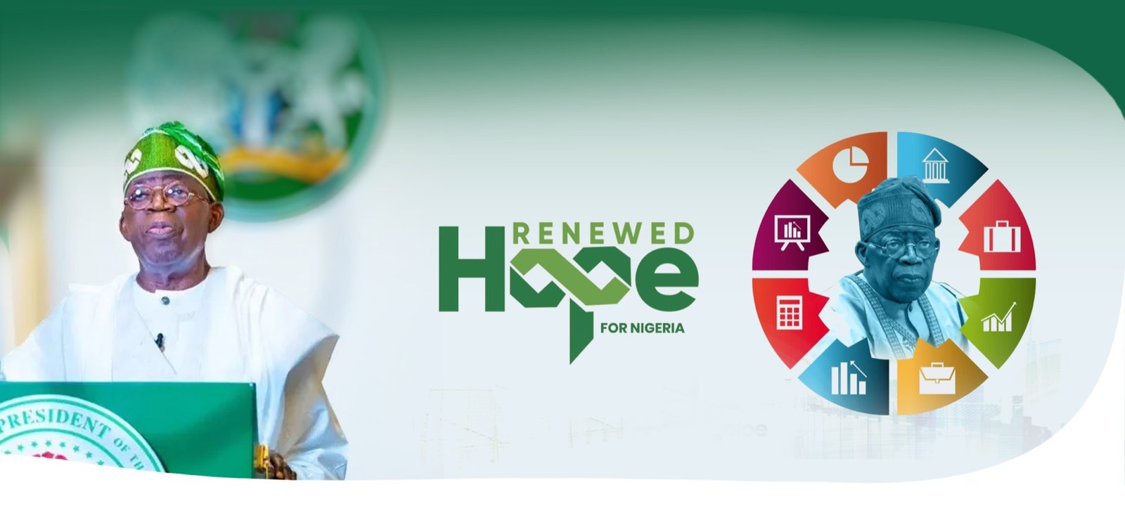 President Bola Ahmed Tinubu at a lectern beside the Renewed Hope for Nigeria emblem, encircled by the eight sector icons of the Renewed Hope agenda